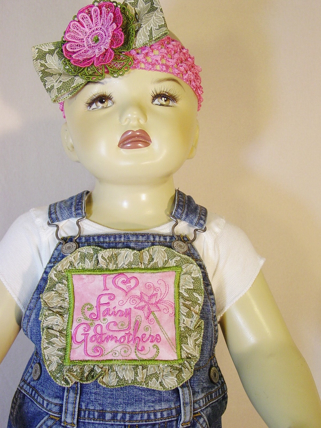 Children Clothing Baby Girl Dress Denim Overalls 6 -12mo. Fairy Theme Applique Boutique  Kids Clothes Toddler Handmade .Unique Lace Flower