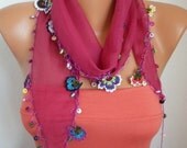 Summer Scarf Shawl - Cotton Weddings Scarves - Cowl with Lace Edge - Cherry
