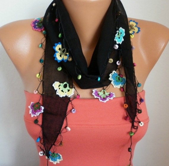Summer Scarf Shawl - Cotton Weddings Scarves - Cowl with Lace Edge - Black