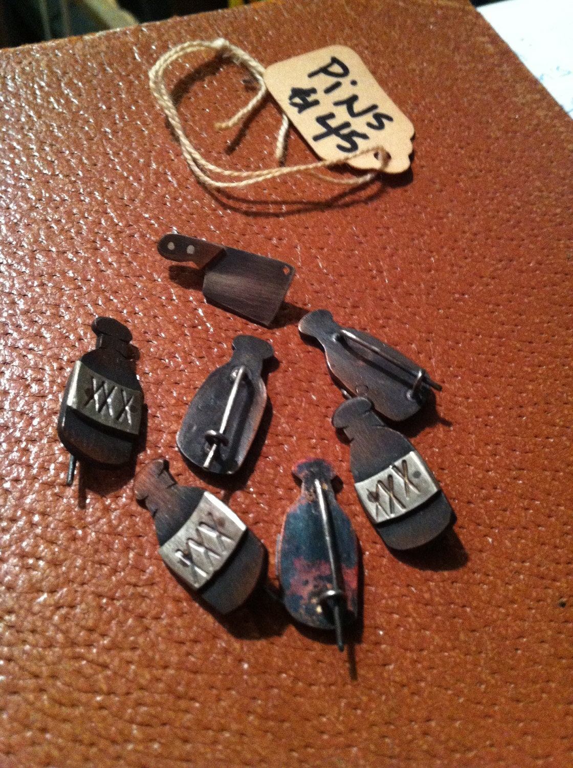 Booze Bottle, Poison and Cleaver Brooches