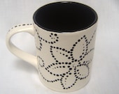 Ceramic Mug Hand Painted Black and White Flowers, Swirls, Dots