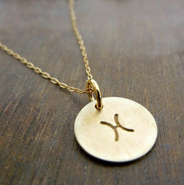 Zodiac Pisces Gold Filled Hand Stamped Charm Necklace, February, March birthday