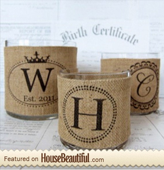 House Beautiful Magazine's Holiday Gift Guide 2011 design.  Monogram Burlap votive vase charming hostess, wedding or Christmas gift.