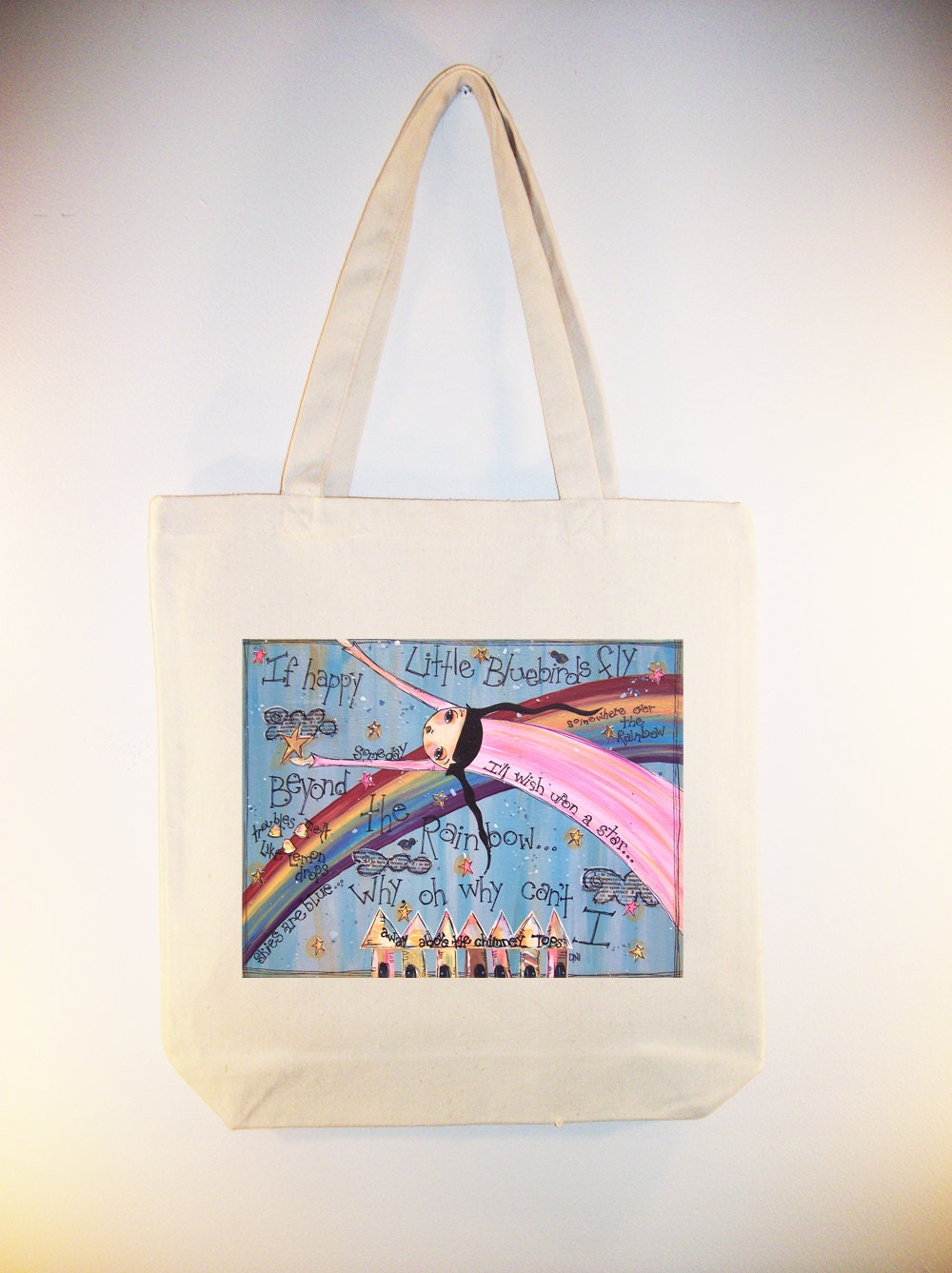 Over the Rainbow -- (ARTIST DINI BURNY) on 15x15 Canvas Tote with shoulder strap - other bag sizes available