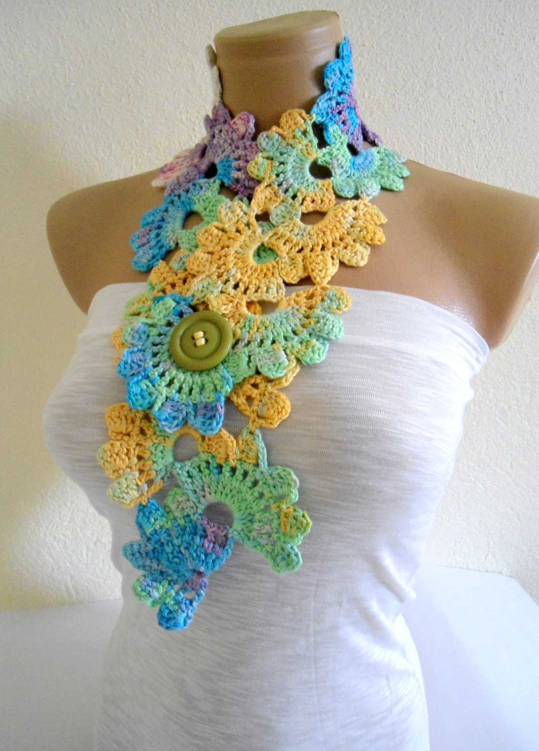 Crocheted Multi Color Bamboo Lace Neckwarmer,scarf,fashion,gift, valentine,  summer trends, fashion, 2012