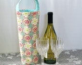 Wine Bottle Cozy Tote Bag Floral Aqua Blue Pink Yellow White Flowers Circles Reusable Insulated Wine Bag