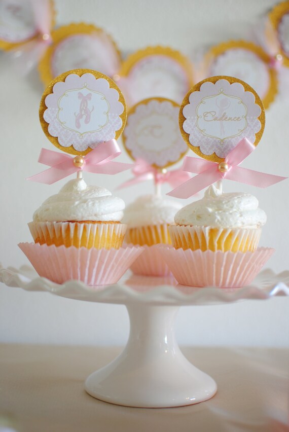 Pink and Gold Ballerina Birthday Party Customized Cupcake Topper Tags Il_570xn