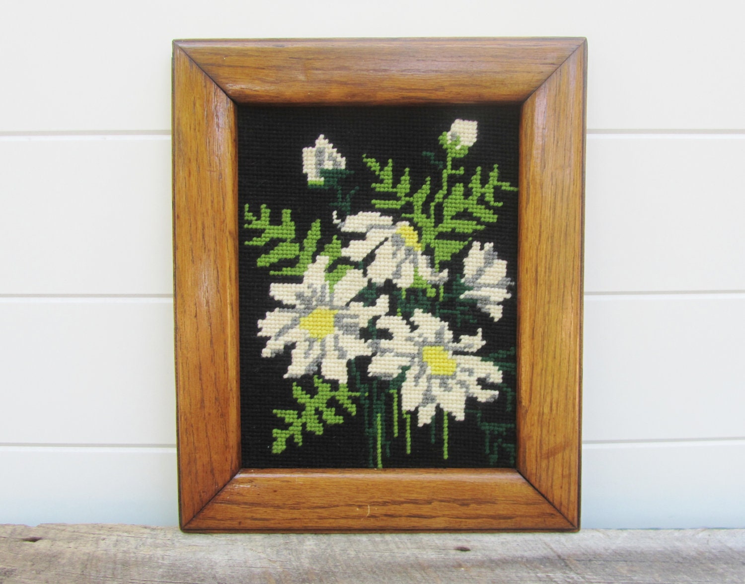 Vintage Needlepoint Flowers with Wood Frame