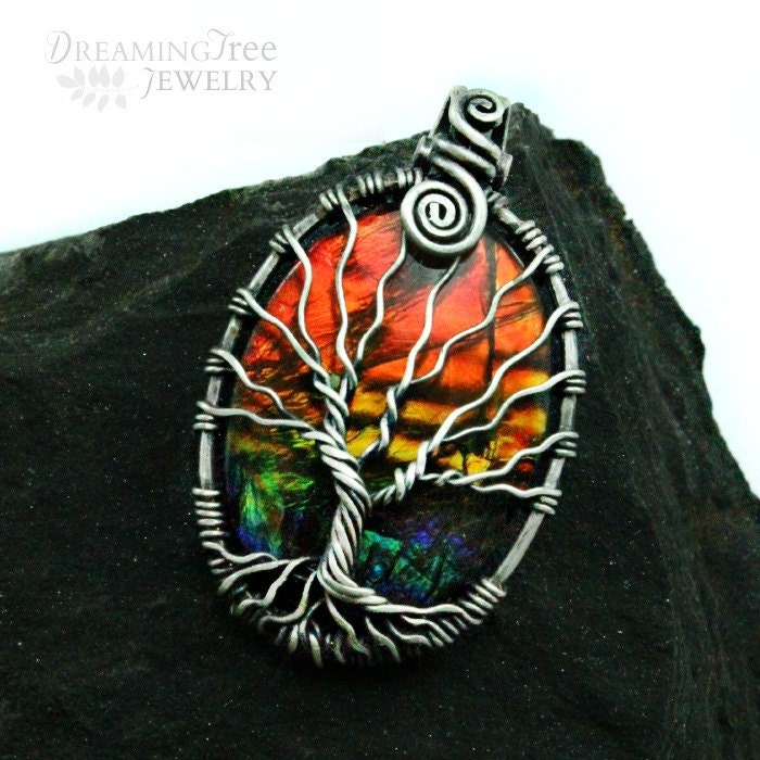 Rare Ammolite tree of life necklace 925 sterling silver Ammonite