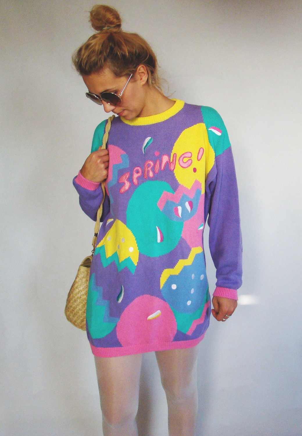 Vintage 80's Chunky Knit Sweater/Colourful Mini dress oversized Pullover/