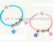 Girls Flowers European Style Braided Leather Charm Bracelet Pink Blue Purple Silver White Clay Jewelry Little Child Birthday Gift