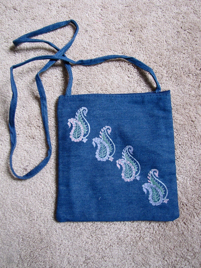 Blue denim cotton handpainted block printed paisley hip bag purse long strap
