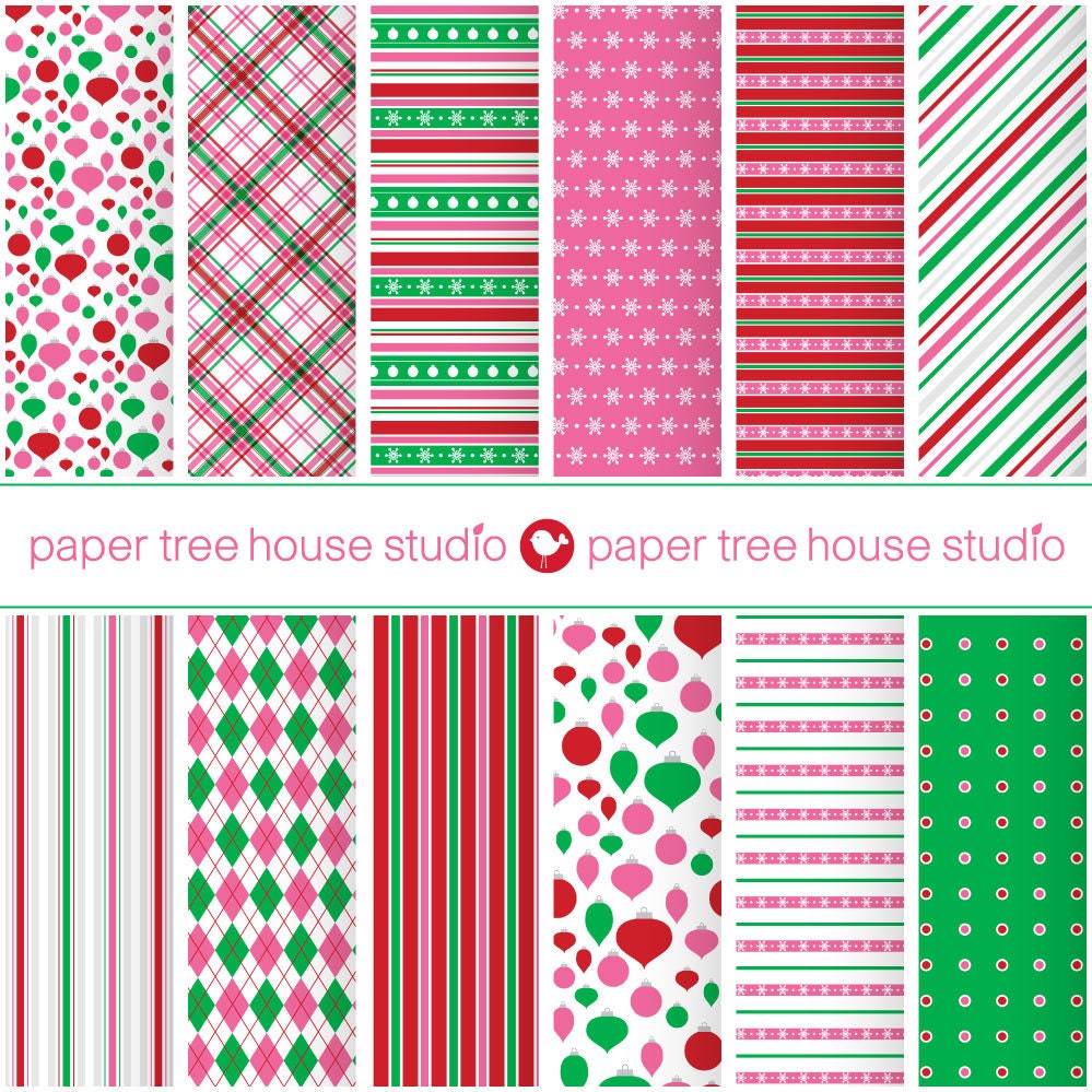 Digital Papers - Christmas Pink, Red and Green Designs - Twelve Print Ready Files - 12x12 or 8.5x11 inch