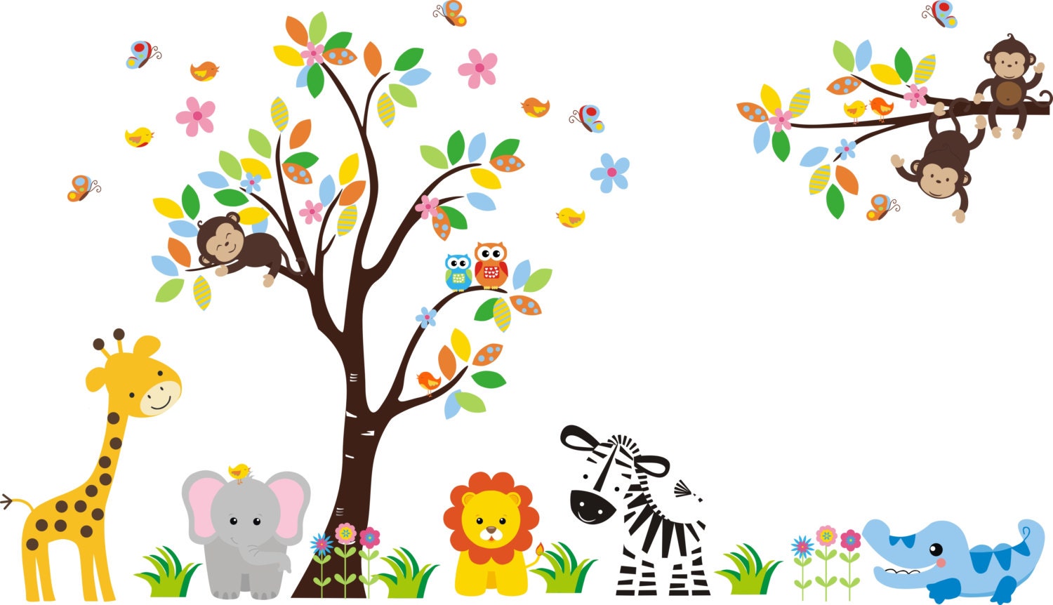 Tree Wall Decal with Giraffe, Elephant, Lion, Zebra, Alligator, Monkeys - Nursery Wall Decal -  484
