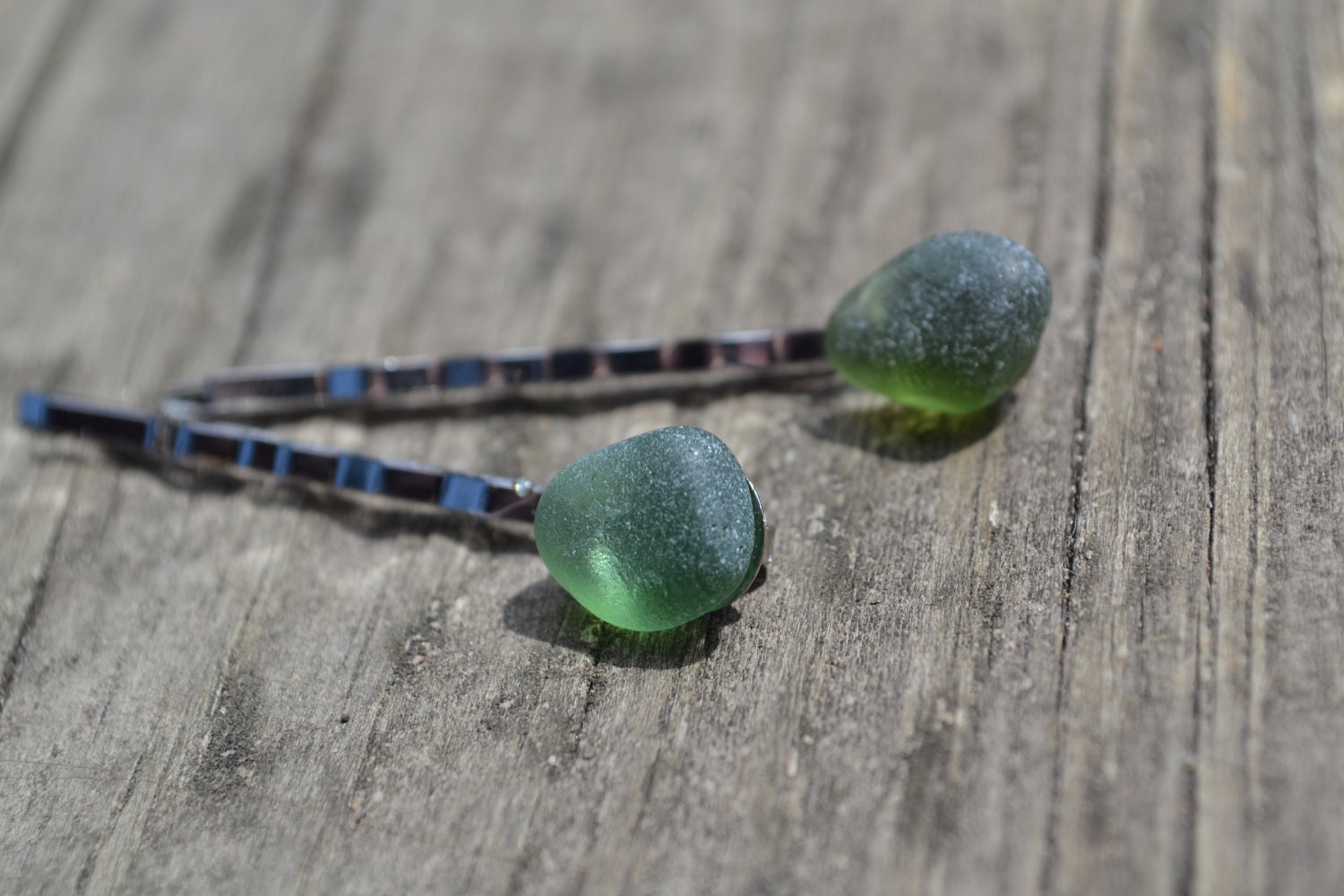 Sale- Genuine Sea Glass Hair Bobby Pins Set of two-  Green