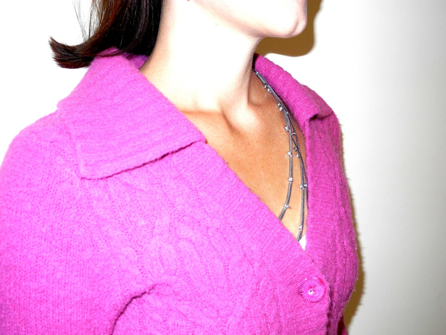 Vintage 80s Pink TWIGGY Chunky Wool Cable Knit Cardigan Sweater Small S