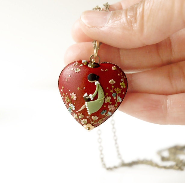 The Reader. Beautiful hand made polymer clay necklace.