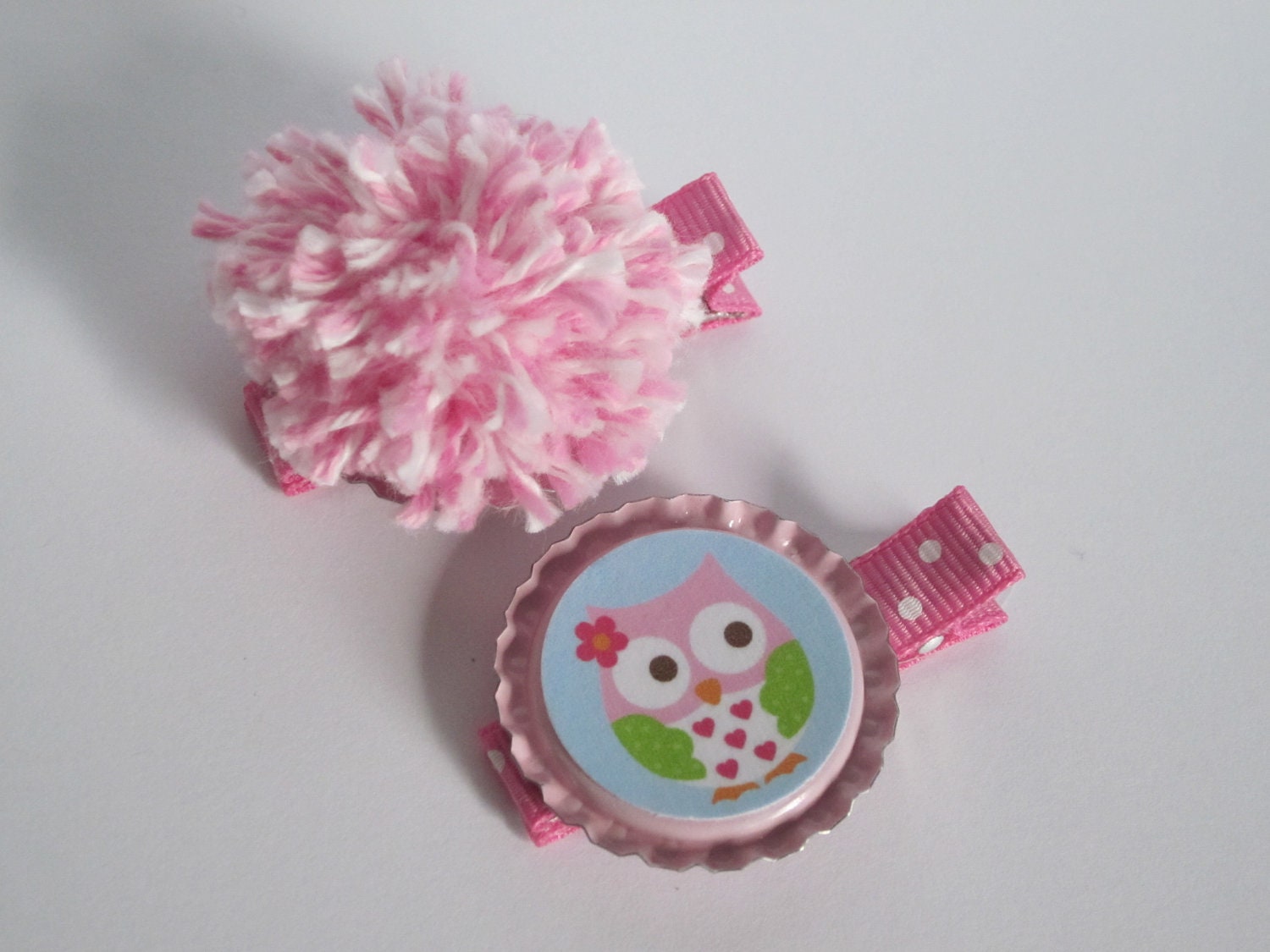 Owl Hair Clip Clippie and Pink Pom Pom Hair Clip-Bottlecap Alligator Clippie Set