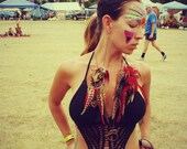 Burning Man, Red, Natural Long Feather Chain Earrings, 16 inches long, Feather Tribal, Hippie Earrings, Bohemian Extensions, Festival