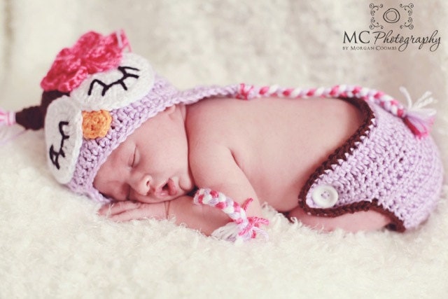 Newborn Baby Girl Crochet Sleepy OWL Purple n Brown Diaper Cover -n- Beanie Hat Set -- Very Cute Photo Prop