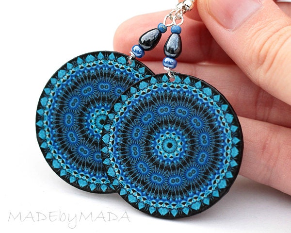 Denim color Earrings Round Shades of blue navy blue circles geometric, gift for her under 25 (A9)