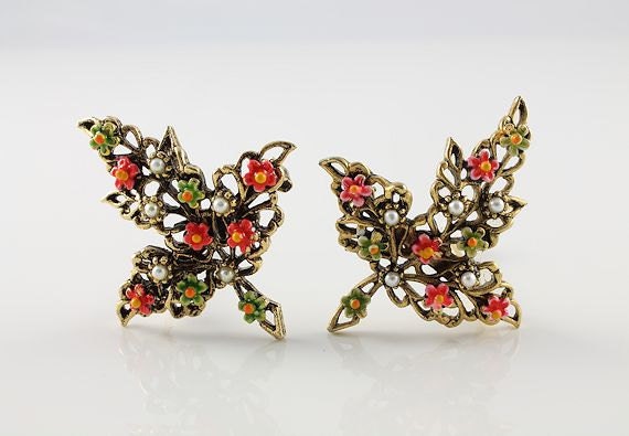 Vintage Leaf Enamel Flowers Pearls Brooch set