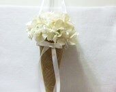 A Large Burlap Cone Filled With One Large Ivory white Hydrangea For Your Home Decor