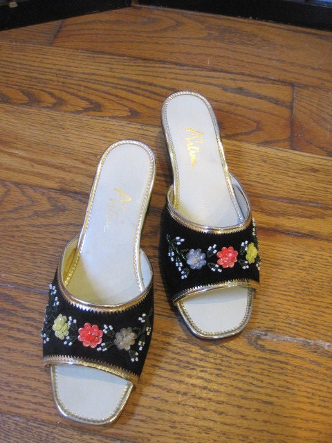 Vintage 1950s 1960s Mules Slippers Shoes Arline Beaded Sequin Flowers Goldtone Black Velveteen Gold Red Green Yellow White Pale Blue New 7