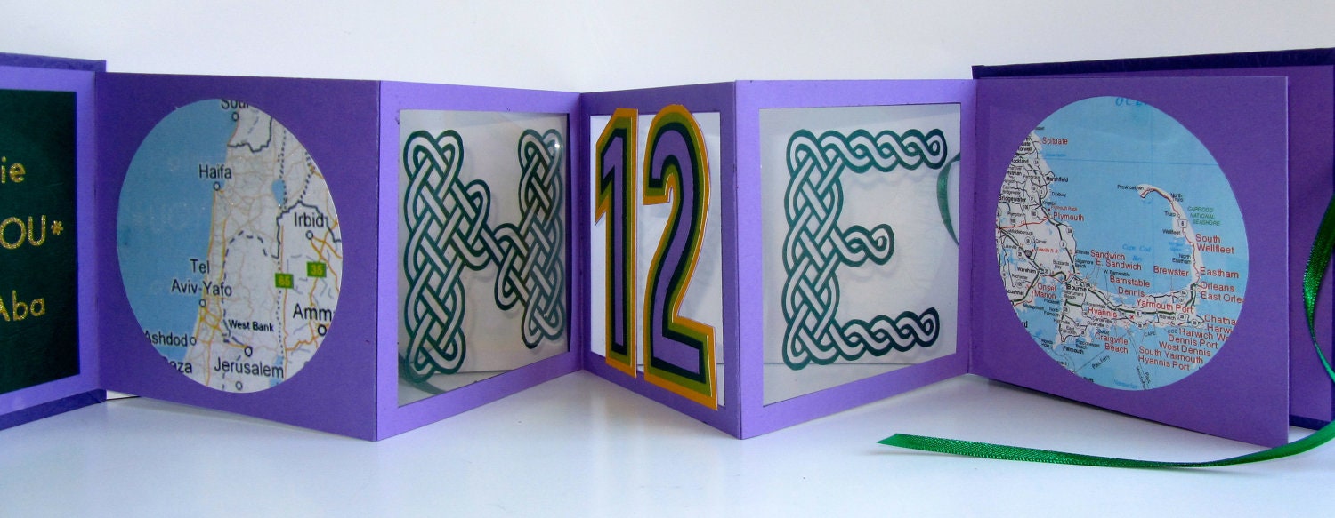 12th ANNIVERSARY Pop Up Accordion Book Card Original Design CUSTOM HANDMADE in Purple and Green with Hard Cover Binding Personalized OoAK