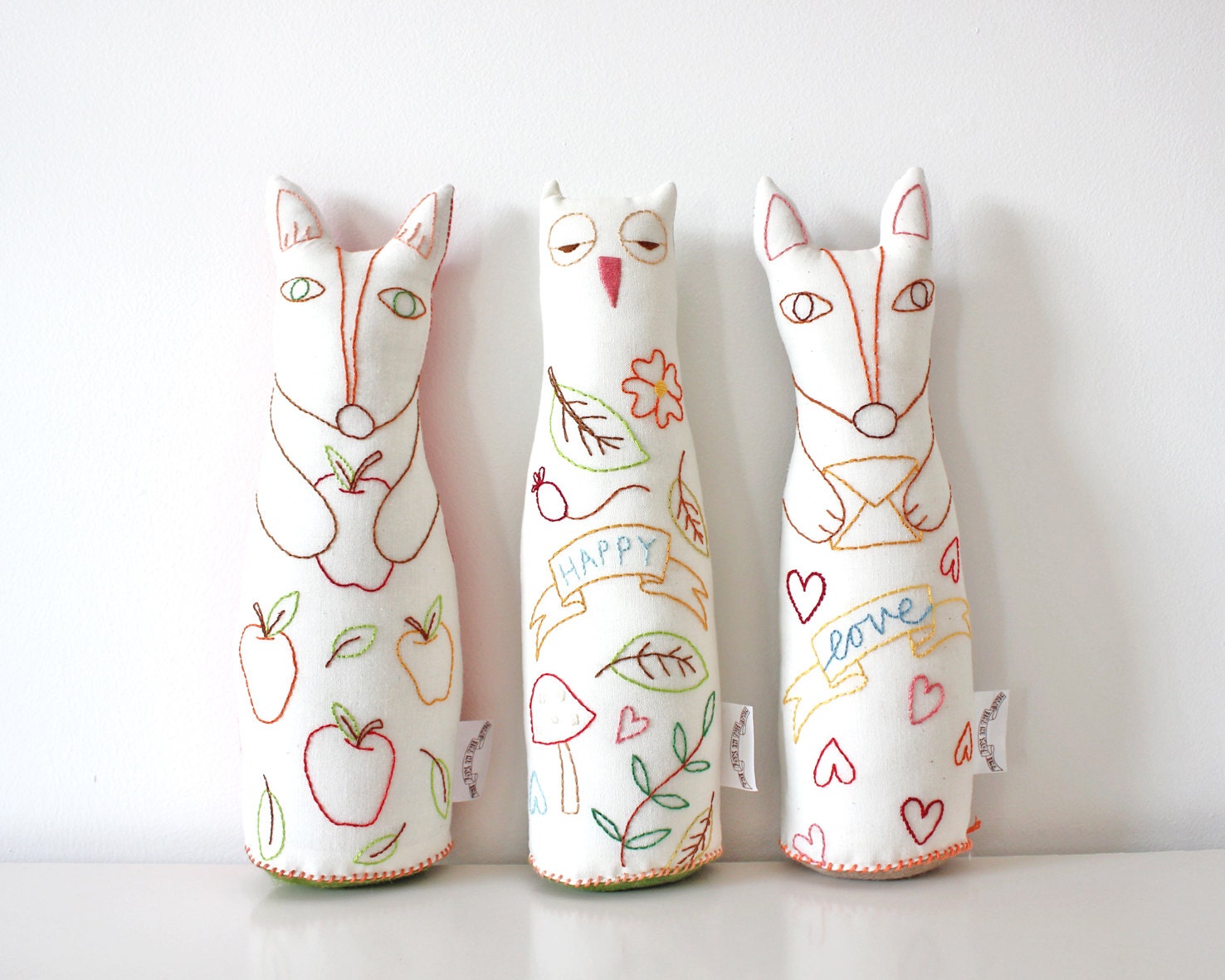 Fox Plush Softie Stuffed Fabric with Embroidered Apples