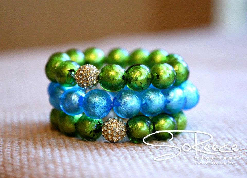 Beautiful Blue and Gorgeous Green foil-lined glass beaded bracelet with gold Pave crystal bead