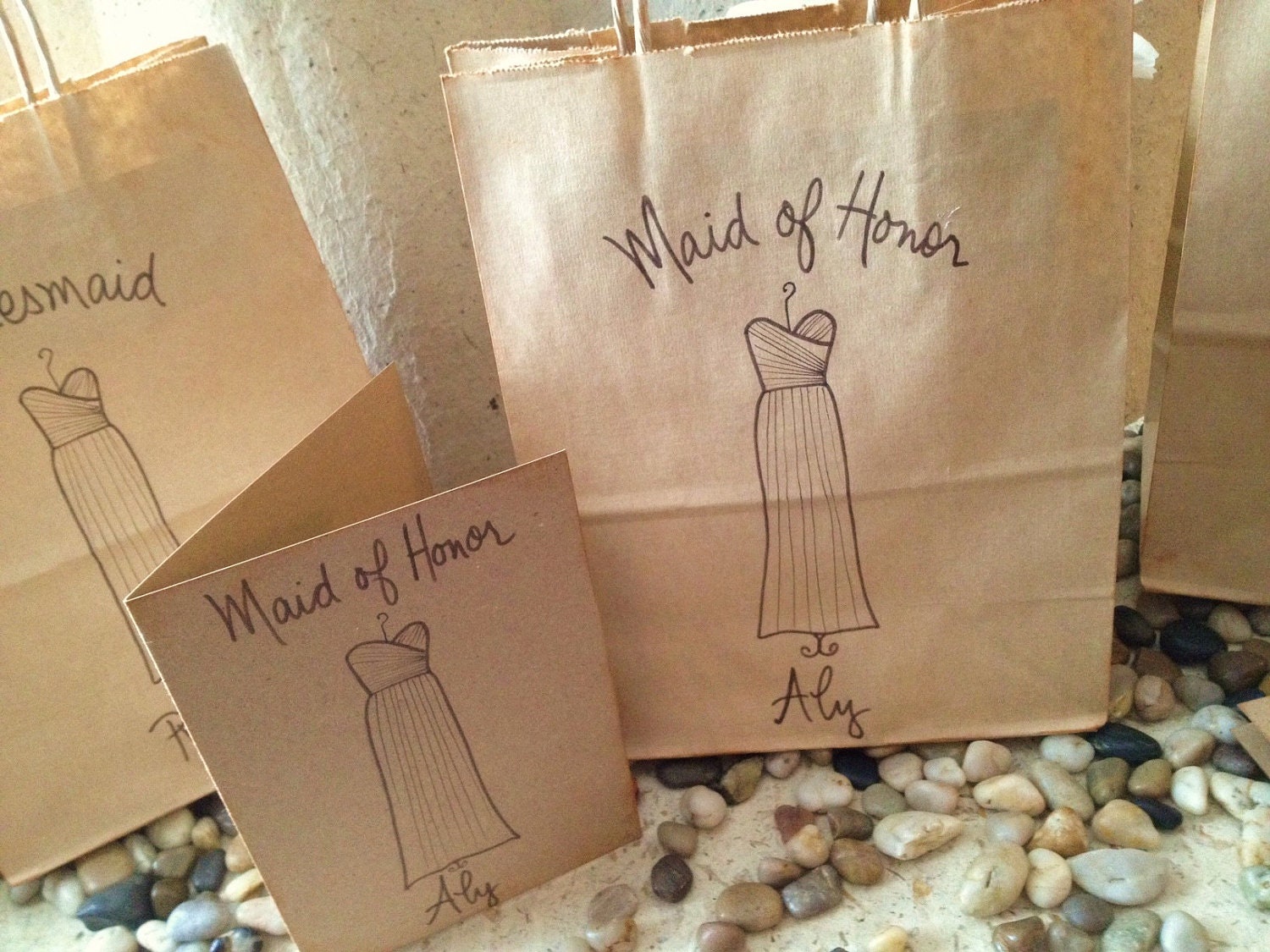 Set of 4 Personalized Thank You for Being My Bridesmaid Cards AND Matching Favor Bags for Maid of Honor Bridesmaid and Flower Girl Gifts
