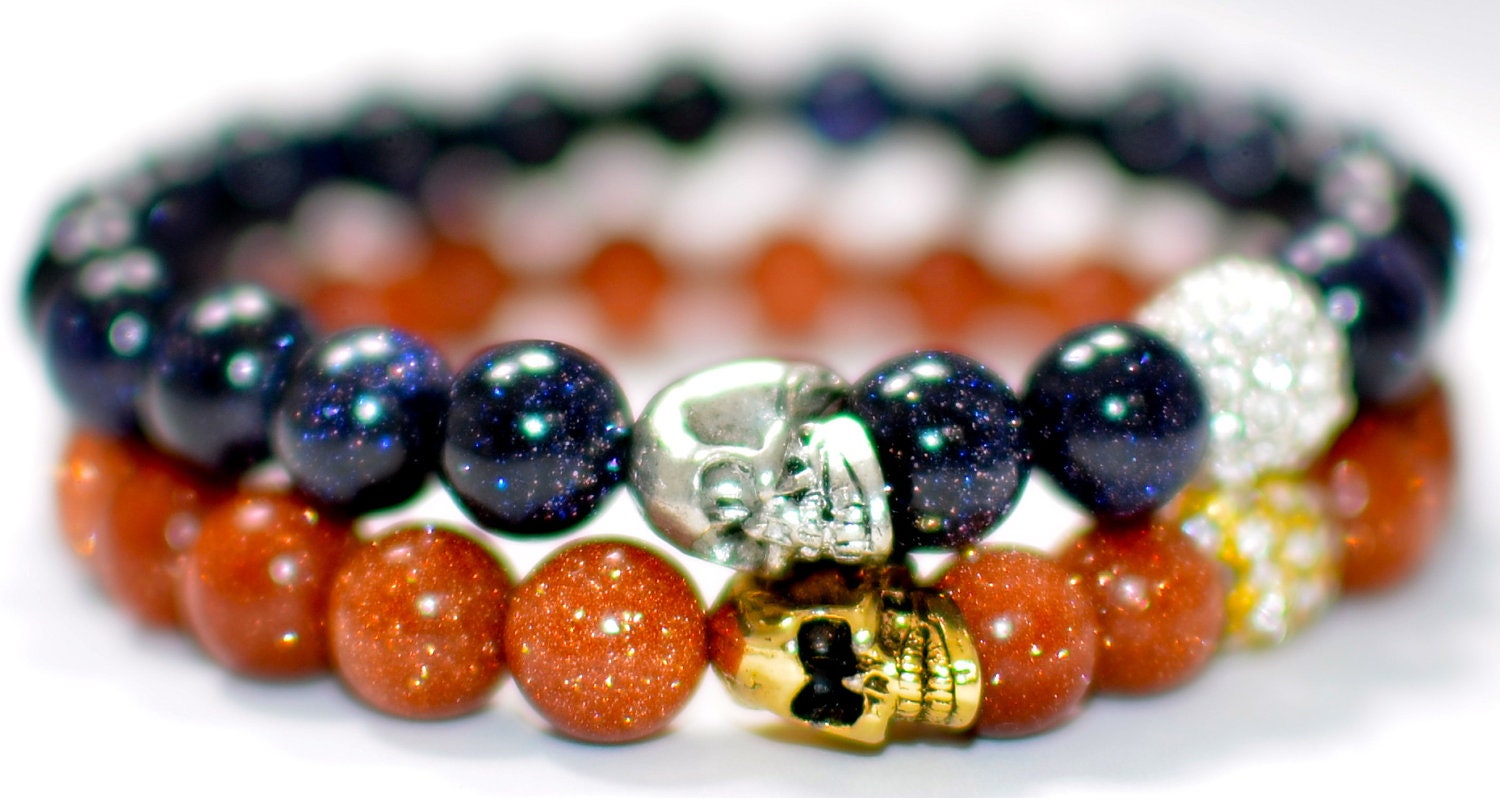 Navy Blue or Burnt Orange Goldstone Semi Precious Gemstone Beaded Bracelets with Pave Rhinestones and Skull Bead