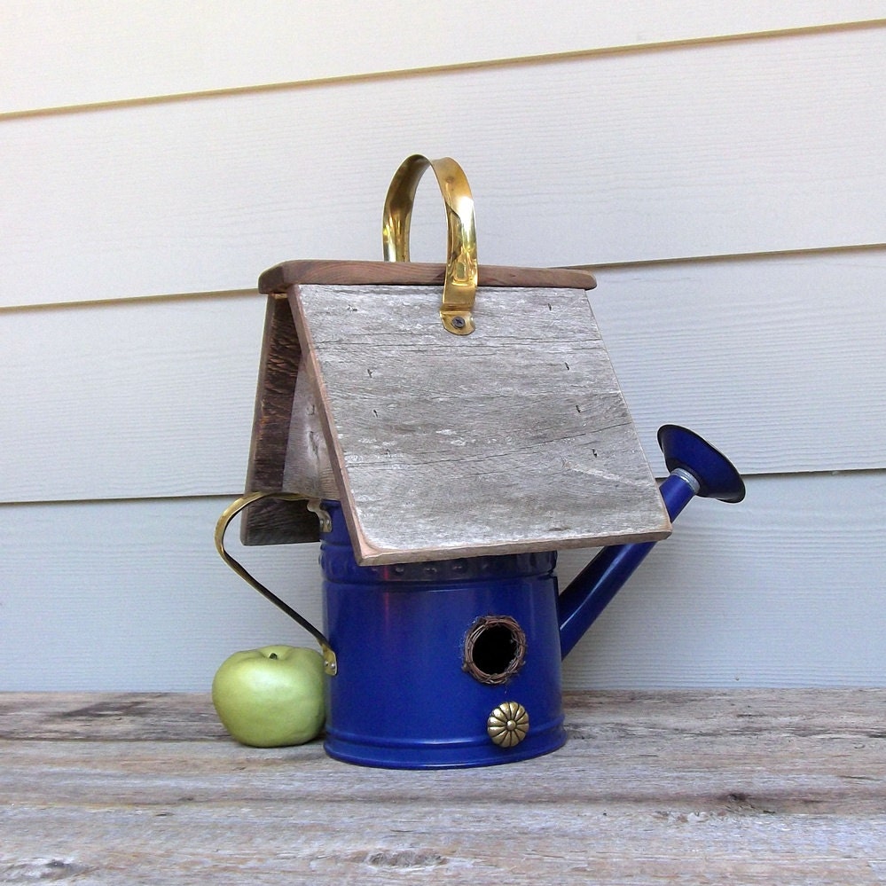 Whimsical Blue Metal Watering Can Birdhouse, Decorative or Outdoor Birdhouse, Repurposed, Reclaimed, Garden Birdhouse, Brass Trim