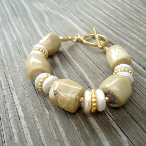 Tan Coral Bracelet Gold Jewelry Pearl Gemstone Jewellery Beaded Unique Chunky Funky Classic B-275