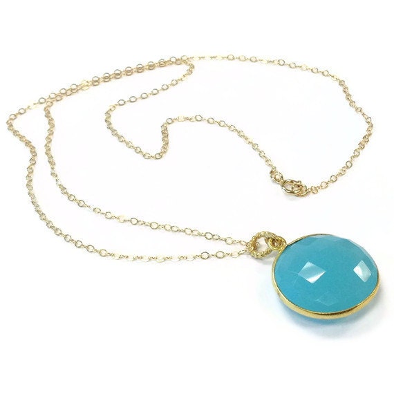 Teal Blue Necklace Gold Jewelry Chalcedony Gemstone Jewellery Modern Drop Pendant Aqua Chain Fashion Turquoise N-322 323 324