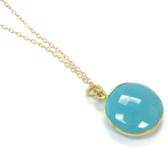 Teal Blue Necklace Gold Jewelry Chalcedony Gemstone Jewellery Modern Drop Pendant Aqua Chain Fashion Turquoise N-322 323 324