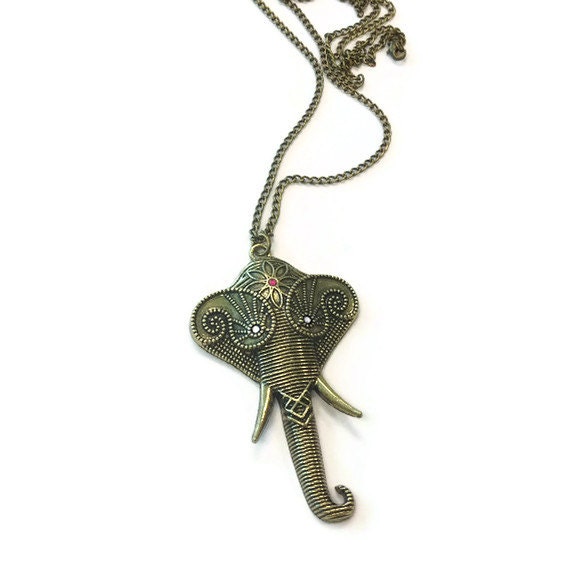 Elephant Necklace Brass Jewelry Chain Jewellery Long Pendant Handmade Unique Summer Fashion Nature Animal N-330