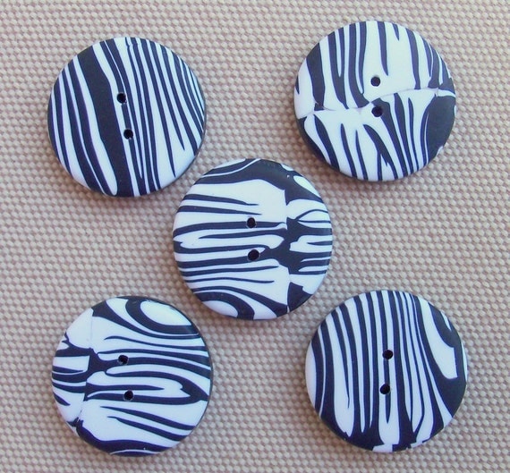 Zebra Striped Hand Crafted Polymer Clay Buttons, set of 5, 3/4 inch black and white