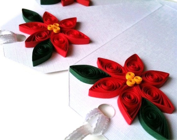 Poinsettia Gift Tags for Christmas in Bright Holiday Red - CIJ Christmas in July - WintergreenDesign