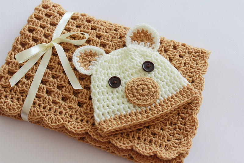 Crochet Baby Blanket / Afghan and Hat Teddy Bear, Toffi Cream Granny Square  Baby Shower Gift