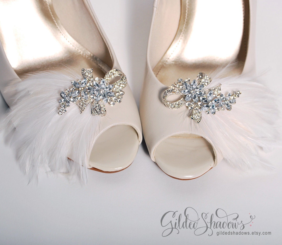 white, Ivory bridal shoe clips, wedding shoe clips, rhinestone shoe, feather shoe clips, shoe embellishments,
bridesmaid shoes - CHARLOTTE