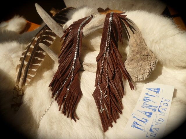 rusty color leather earrings, leather earrings, extra long earrings, shoulder duster earrings