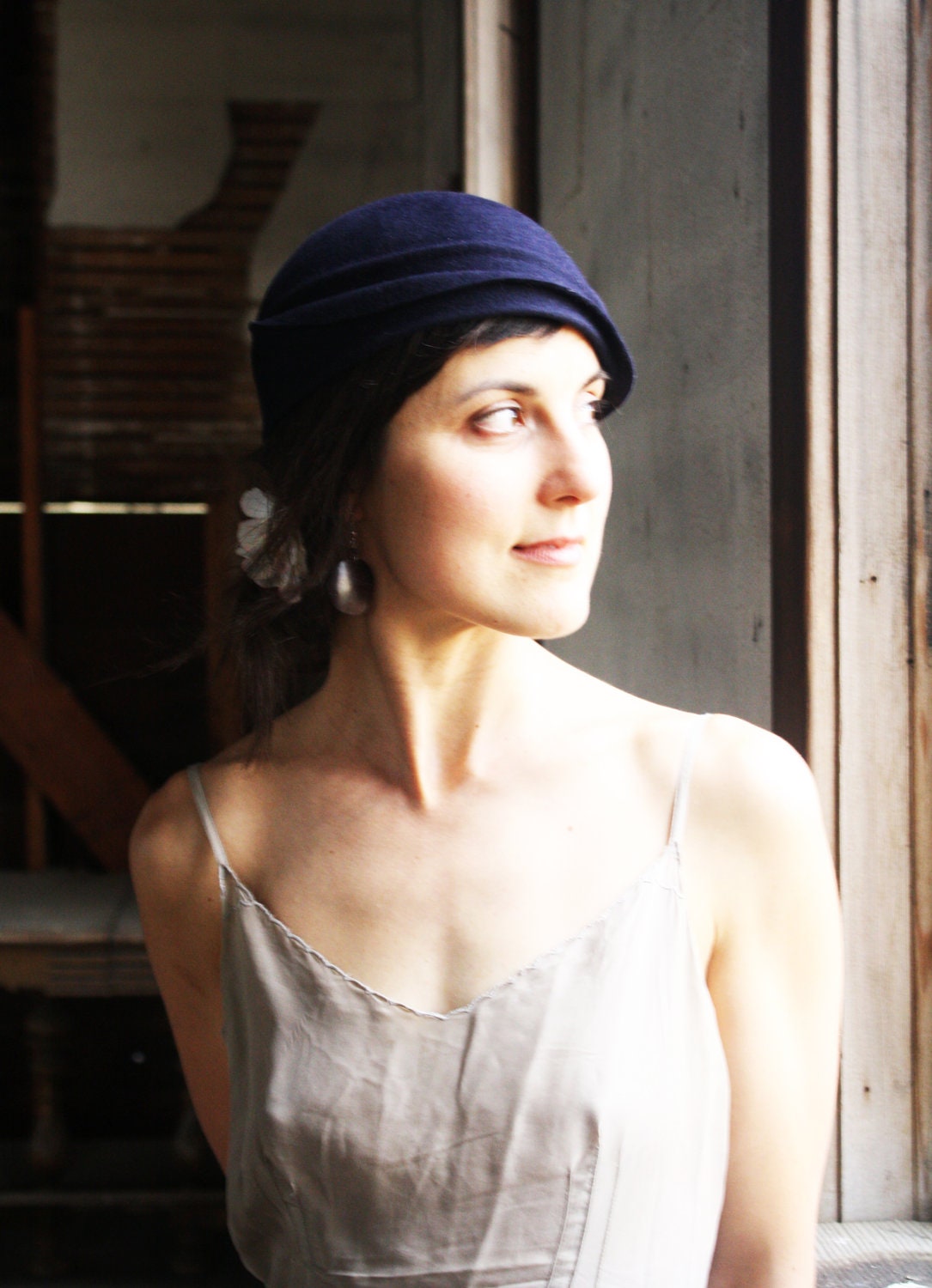 Indigo 1930s Style Hat with Antique Pearl Buttons