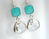 Mint Earrings, Blue Earrings, Turquoise, Aquamarine, Aqua, Silver Earrings, Glass, Clear Earrings, Bridesmaid Earrings, Bridesmaid Gifts