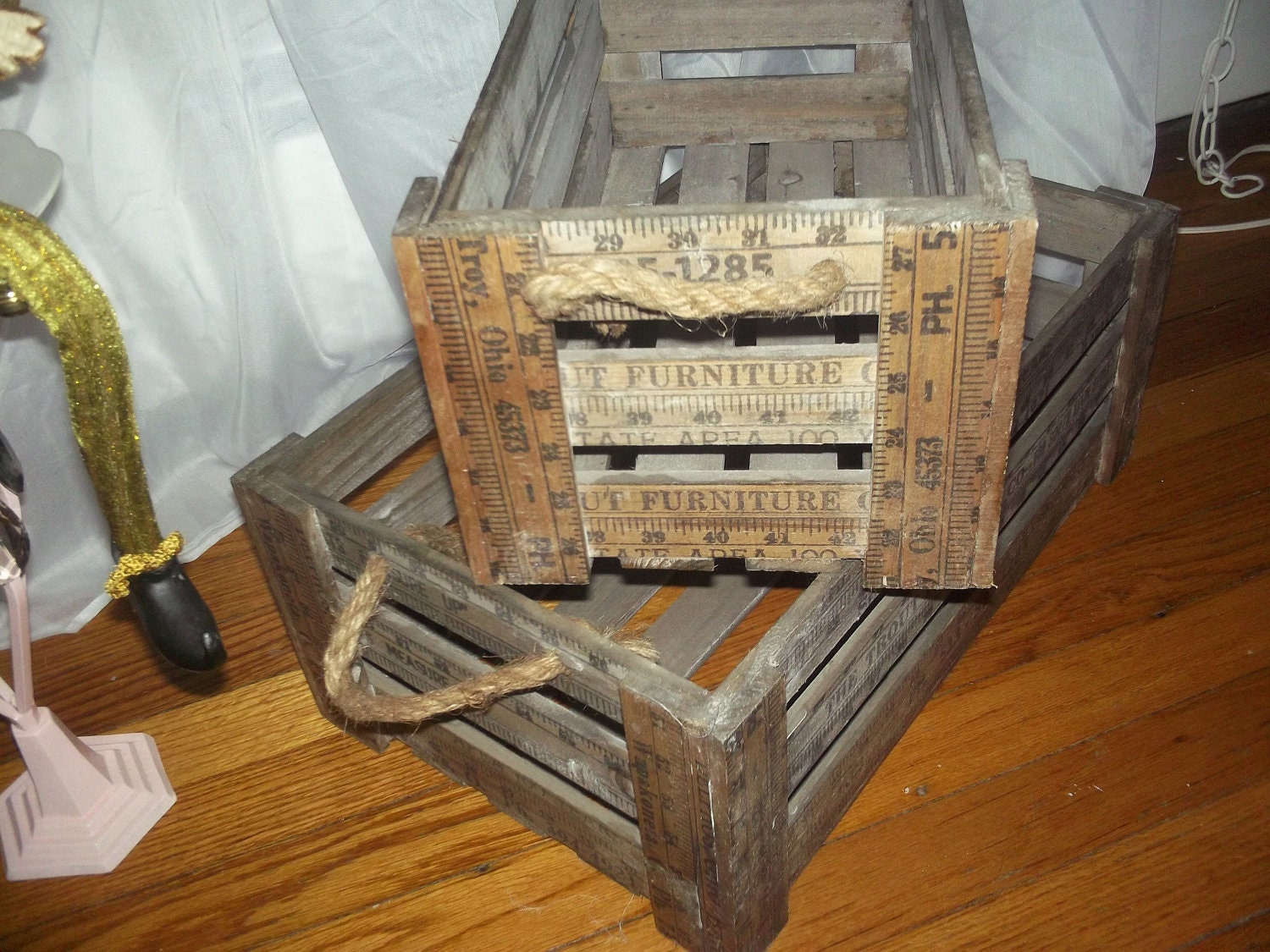 Reserved for Krystie Farmhouse, French country, Primitive fabulous yard stick storage box for baby boy nursery or shelves