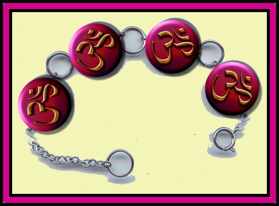 AUM OM Ancient Sanskrit symbol magenta red pink mystical sound chant yoga meditation Charm Bracelet with Rhinestones Altered Art Jewelry