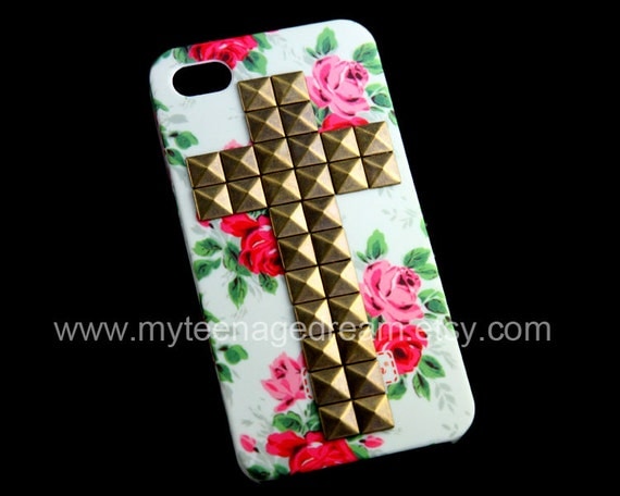 Studded Iphone 4 Case, iPhone 4s Case, iPhone Case 4 bronze Cross pink Flower Rose white IPHONE 4/4S Case----for Apple iPhone 4 Cases,
