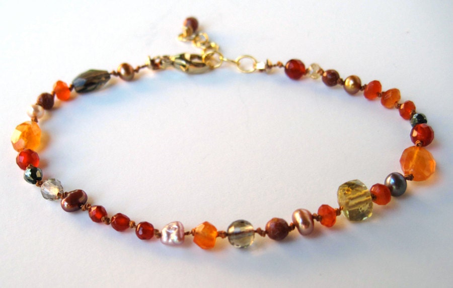 Orange carnelian, gold Hessonite garnet, lemon quartz warm gemstone bracelet gold filled