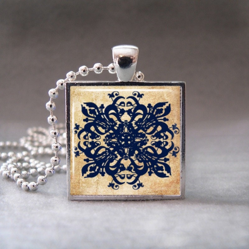 Blue Paris Print, Altered Art Pendant,  Photo Pendant, Glass Dome Pendant Necklace -015-2
